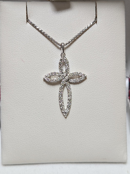 14K white gold cross pendant with 0.5ct lab-created diamonds, featuring a detailed design and polished finish by Chique Jewelry.