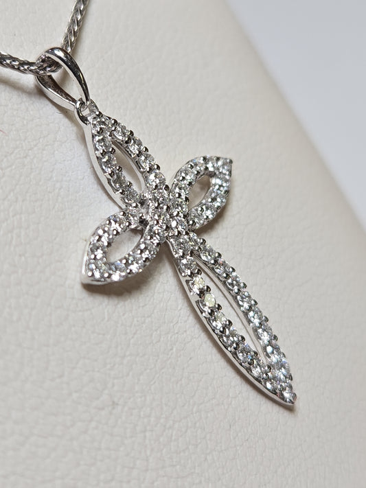 14K white gold cross pendant with 0.5ct round lab-created diamonds, featuring a delicate design and polished finish.