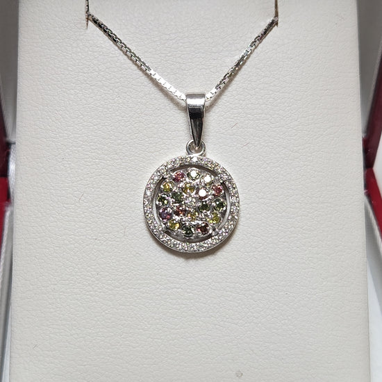 14K white gold pendant with 0.4ct round treated multicolor diamonds, featuring a delicate and elegant design by Chique Jewelry.