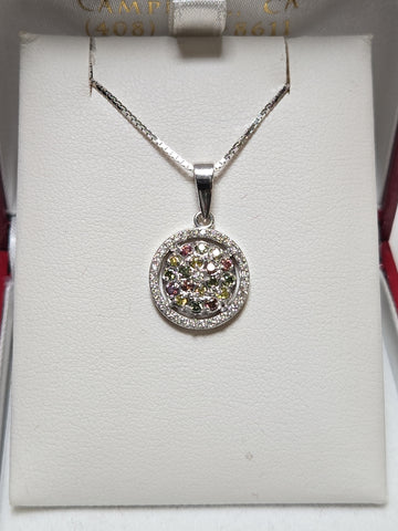 14K white gold pendant with 0.4ct round treated multicolor diamonds, featuring a delicate and elegant design by Chique Jewelry.