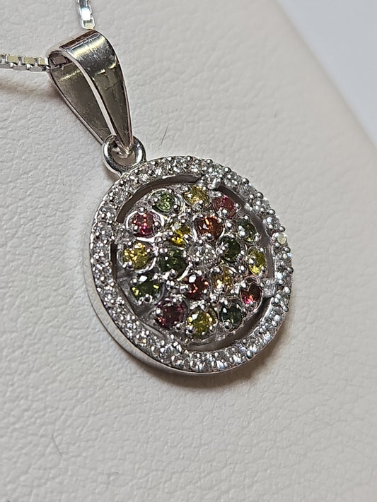 14K white gold pendant with 0.4ct round multicolor treated diamonds, weighing 2.5g, from Chique Jewelry.