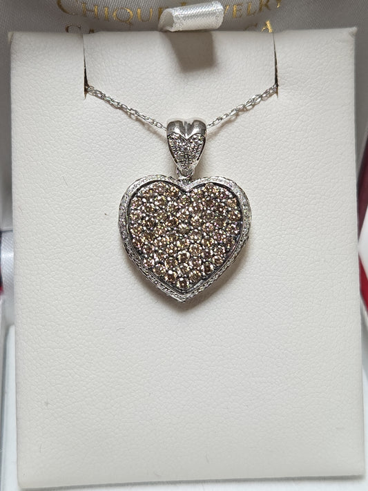 14K white gold heart pendant with 2.5ct round brown diamonds, featuring elegant jewelry design by Chique Jewelry.