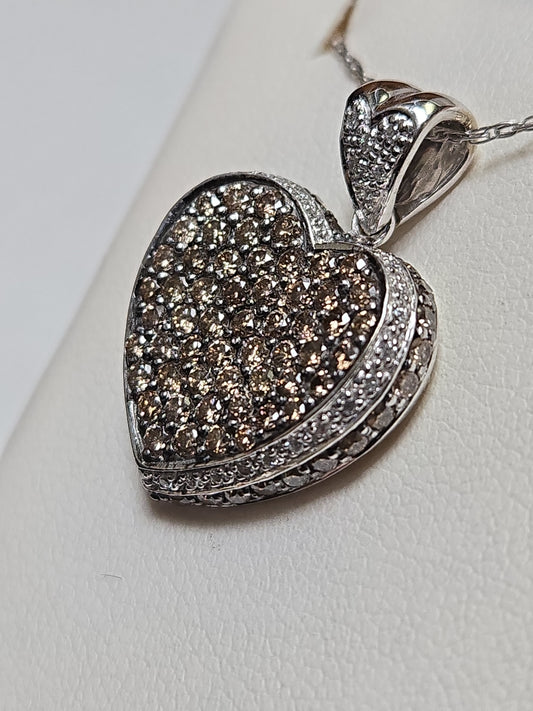 14K white gold heart pendant featuring 2.5ct round brown diamonds, crafted by Chique Jewelry, showcasing elegant jewelry design.