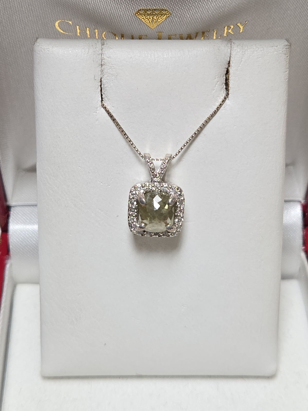 14K white gold pendant featuring a 2ct rose-cut gray diamond, crafted by Chique Jewelry, with a sleek and elegant design.