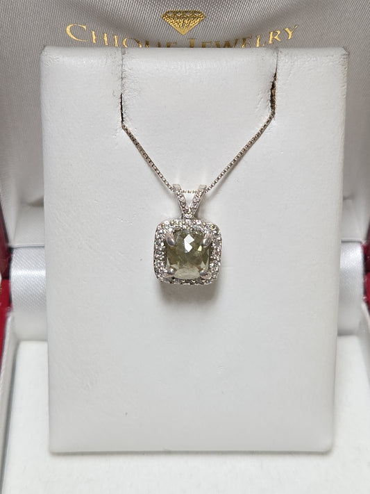 14K white gold pendant featuring a 2ct rose-cut gray diamond, crafted by Chique Jewelry, with a sleek and elegant design.