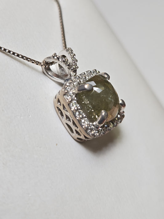14K white gold pendant with a 2ct rose-cut gray diamond, featuring elegant design and 1.9g weight by Chique Jewelry