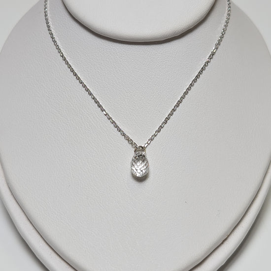 14K white gold pendant featuring a 1ct briolette diamond, elegant jewelry piece with a polished finish and delicate design.