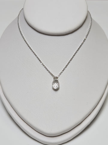 14K white gold pendant featuring a 1ct briolette diamond, elegant jewelry piece with a polished finish and delicate design.