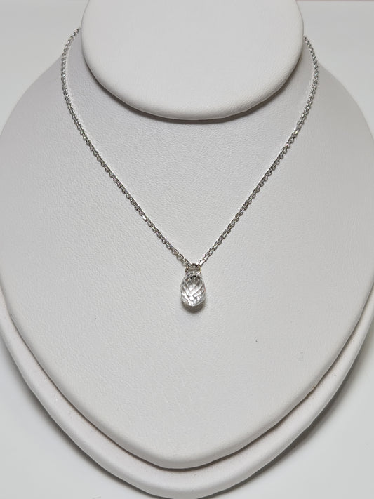 14K white gold pendant featuring a 1ct briolette diamond, elegant jewelry piece with a polished finish and delicate design.