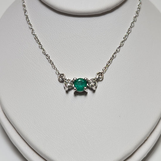 14K white gold cable chain necklace with round emerald pendant, 17 inches, 0.35 carats, from Chique Jewelry