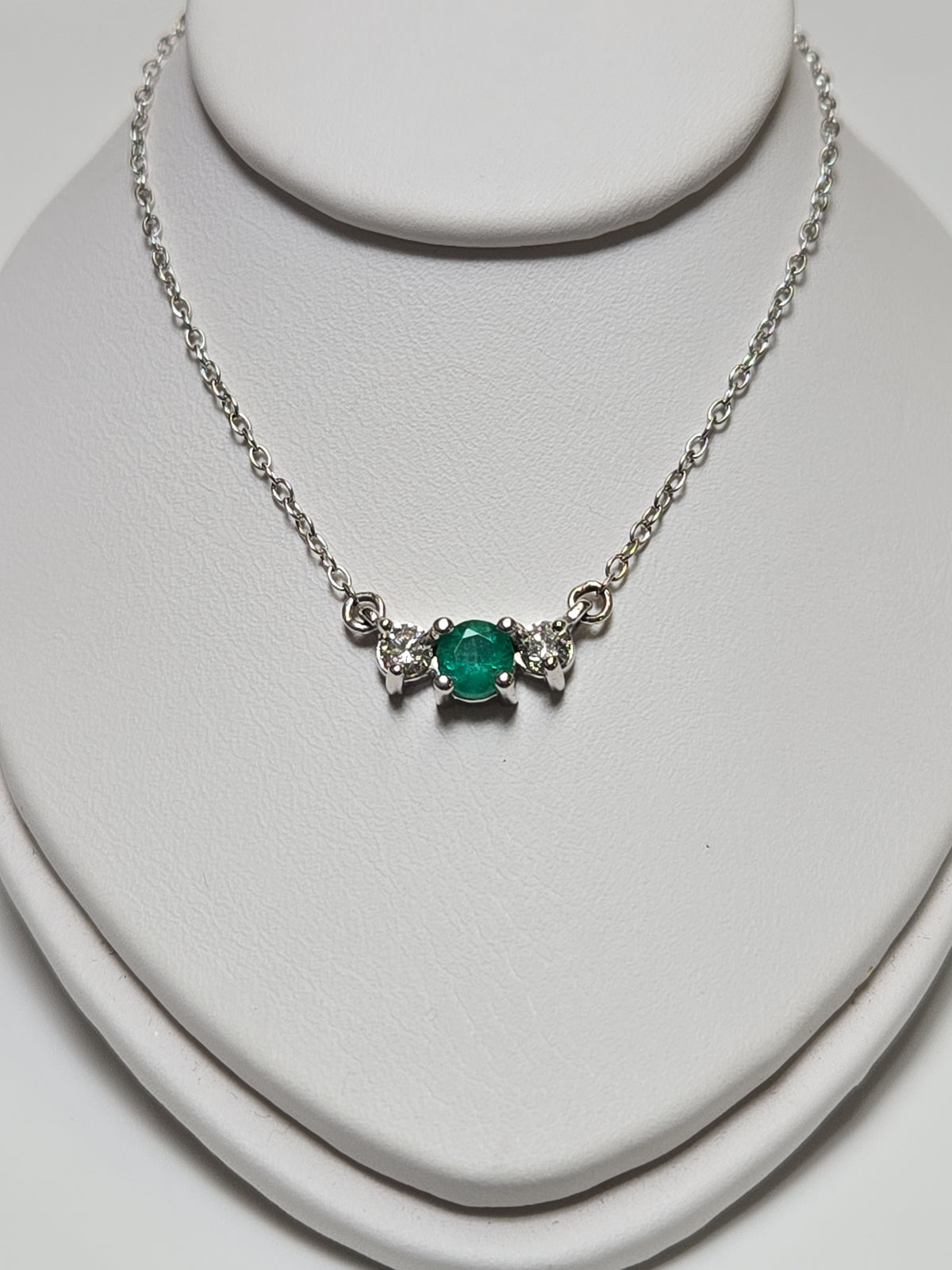 14K white gold cable chain necklace with round emerald pendant, 17 inches, 0.35 carats, from Chique Jewelry