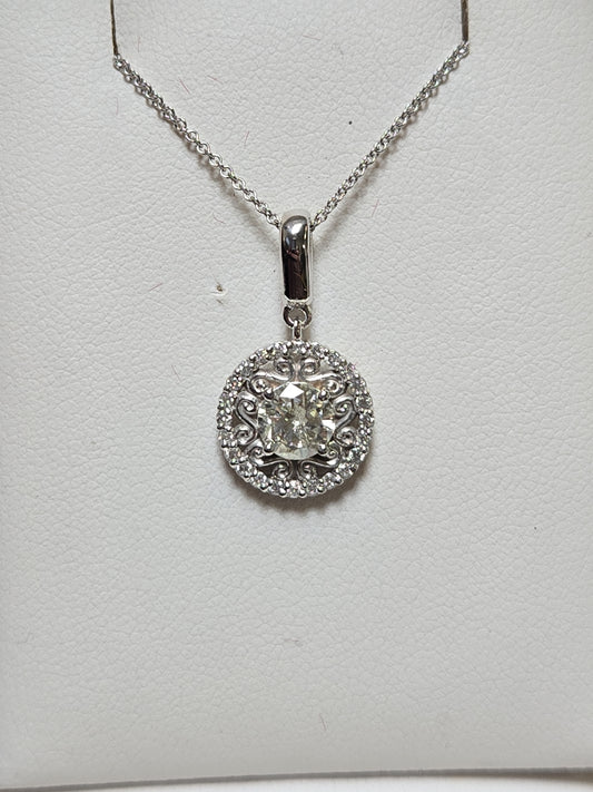 14K white gold filigree pendant with 0.99ct round diamonds, delicate jewelry piece from Chique Jewelry, shown against a neutral background.