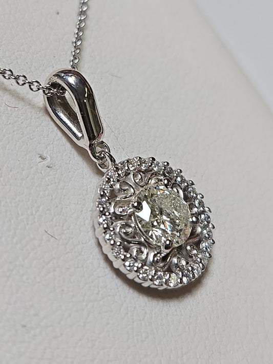 14K white gold filigree pendant with 0.99ct round diamonds, elegant jewelry piece showcasing intricate design and sparkling stones