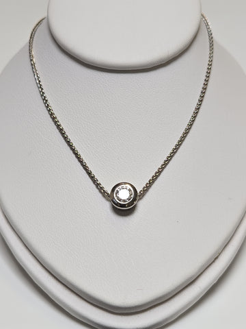 14K white gold spiga chain necklace with 0.25ct round diamond pendant, 18-inch length, from Chique Jewelry.