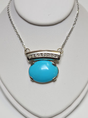 14K white gold cable chain necklace with turquoise pendant, diamond cut design, 7.5 carats, from Chique Jewelry.