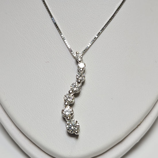 14K white gold box chain necklace with a round diamond journey pendant, 16-inch length, 1.02ct diamonds, by Chique Jewelry.