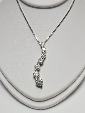 14K white gold box chain necklace with a round diamond journey pendant, 16-inch length, 1.02ct diamonds, by Chique Jewelry.