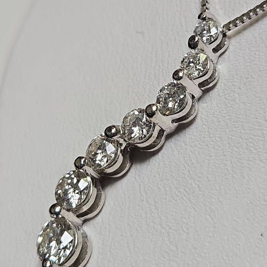 14K white gold box chain necklace with round diamond journey pendant, 16 inches, 1.02 carats, from Chique Jewelry.