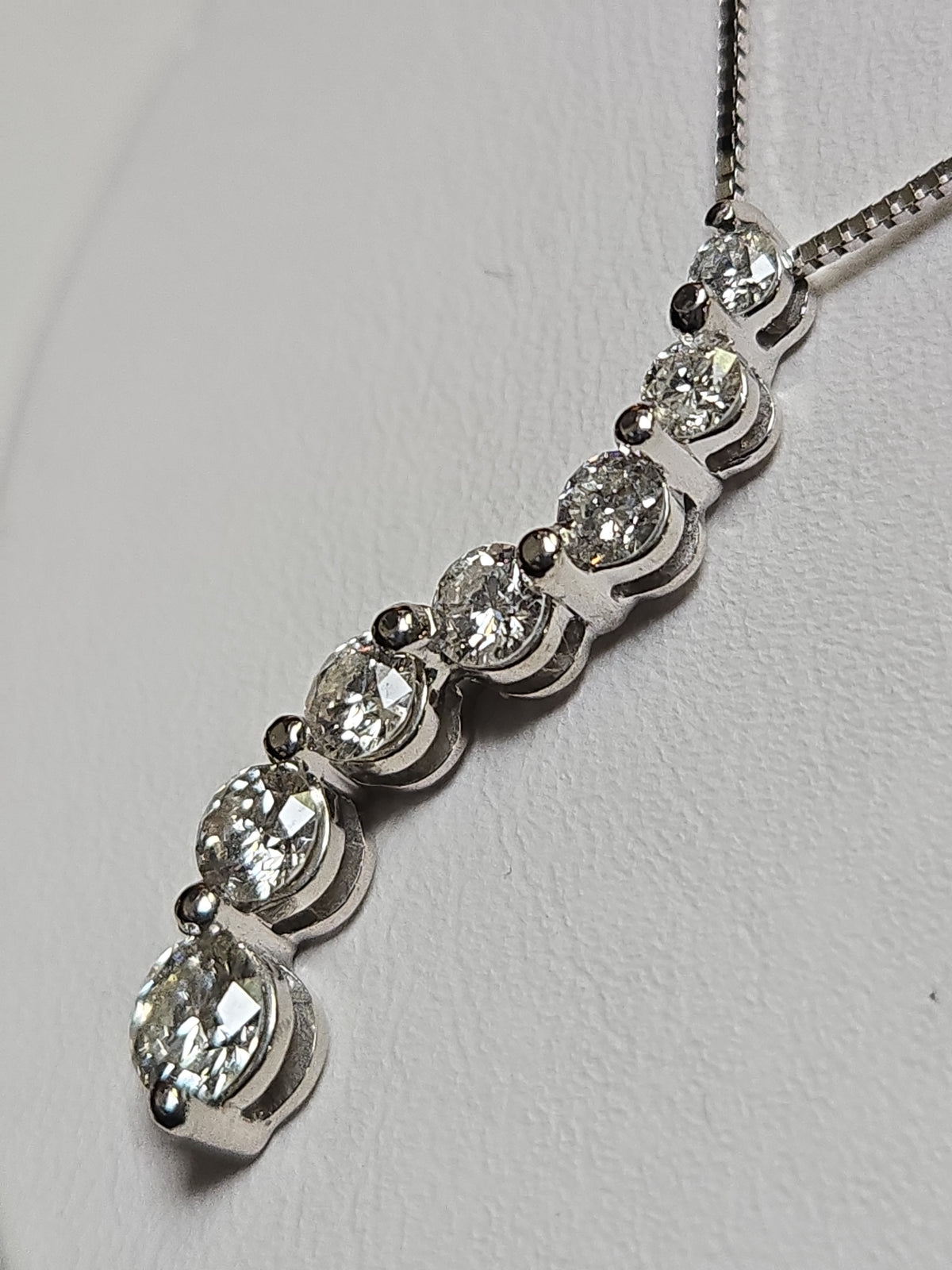 14K white gold box chain necklace with round diamond journey pendant, 16 inches, 1.02 carats, from Chique Jewelry.