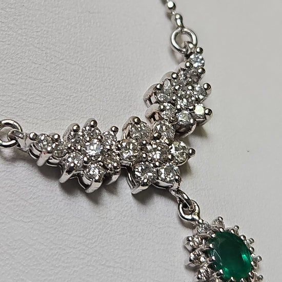 14K white gold bead chain necklace with 0.35ct oval emerald pendant, 16-inch length, by Chique Jewelry.