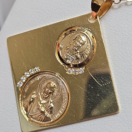 18K gold Jesus and Muhammed pendant with 0.08ct round diamonds, intricate religious jewelry by Chique Jewelry.