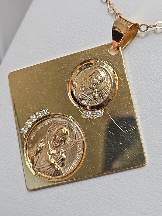 18K gold Jesus and Muhammed pendant with 0.08ct round diamonds, intricate religious jewelry by Chique Jewelry.