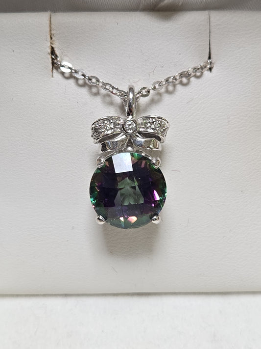 14K white gold pendant featuring a round treated mystic topaz gemstone, designed by Chique Jewelry.