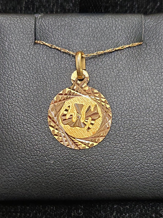 18K gold Allah pendant by Chique Jewelry, 1g, showcasing intricate Islamic calligraphy design on a polished gold pendant.