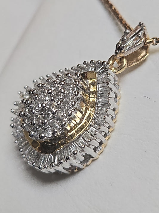 14K multi-tone gold cluster pendant with 1.5ct round diamond, featuring intricate design and weighing 5.2 grams.