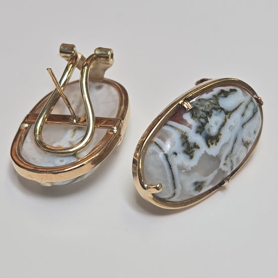 14K gold statement earrings with oval quartz stones, featuring a 10g weight, by Chique Jewelry, showcasing elegant jewelry design.