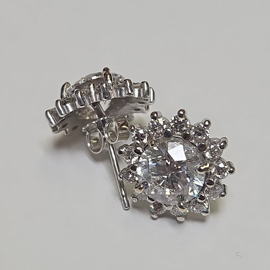 14K white gold stud earrings with 3ct round lab-created diamonds, featuring a secure post and butterfly backing.