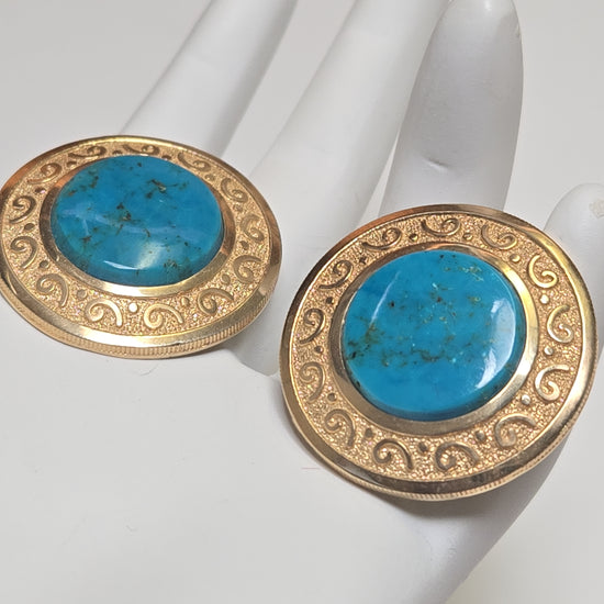 14K gold statement earrings with round turquoise stones, weighing 9.2g, by Chique Jewelry.