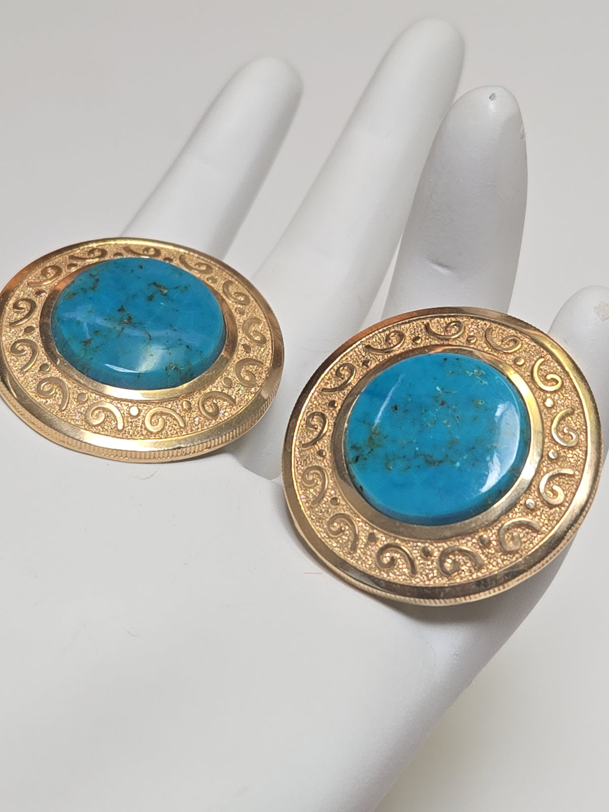 14K gold statement earrings with round turquoise stones, weighing 9.2g, by Chique Jewelry.