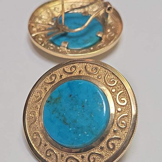 14K gold statement earrings with round turquoise stones from Chique Jewelry, showcasing elegant jewelry design.