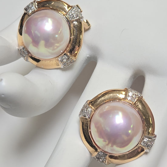 14K gold statement earrings with round Mabe pearls, showcasing elegant jewelry design by Chique Jewelry.