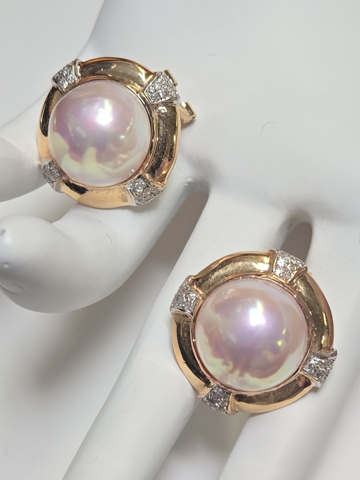 14K gold statement earrings with round Mabe pearls, showcasing elegant jewelry design by Chique Jewelry.