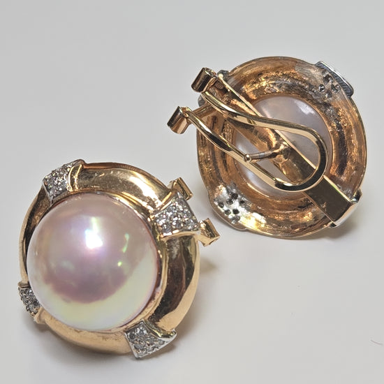 14K gold statement earrings with round mabe pearl, featuring elegant design and polished finish from Chique Jewelry.