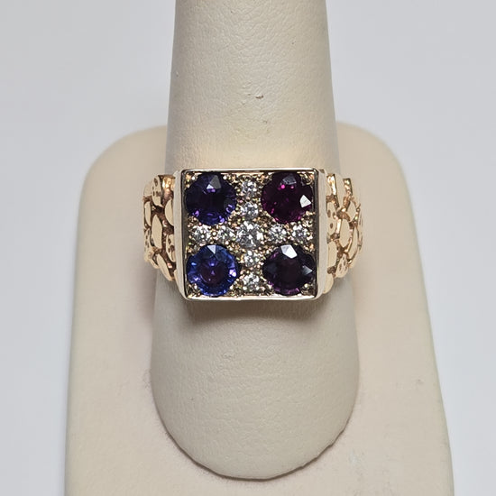 14K gold ring featuring 2.6ct round multicolor sapphires and intricate design, crafted by Chique Jewelry.