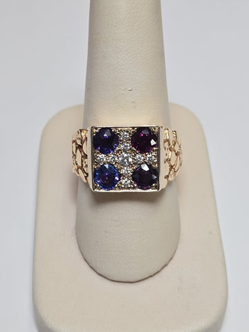 14K gold ring featuring 2.6ct round multicolor sapphires and intricate design, crafted by Chique Jewelry.