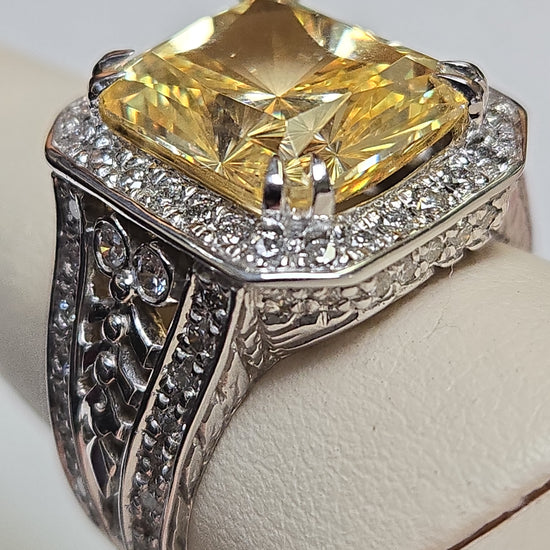 14K gold ring with emerald-cut simulated Lannyte diamond, featuring a 15.6g band, crafted by Chique Jewelry.