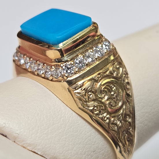 18K gold ring with rectangular Persian turquoise stone, designed by Chique Jewelry, showcasing intricate craftsmanship.