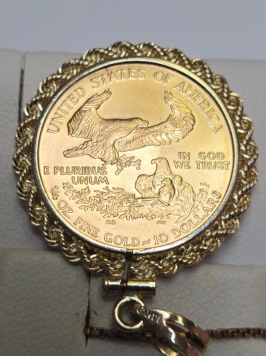 14K gold American Gold Eagle 1986 1/4 oz coin pendant by Chique Jewelry, showcasing detailed gold coin design.