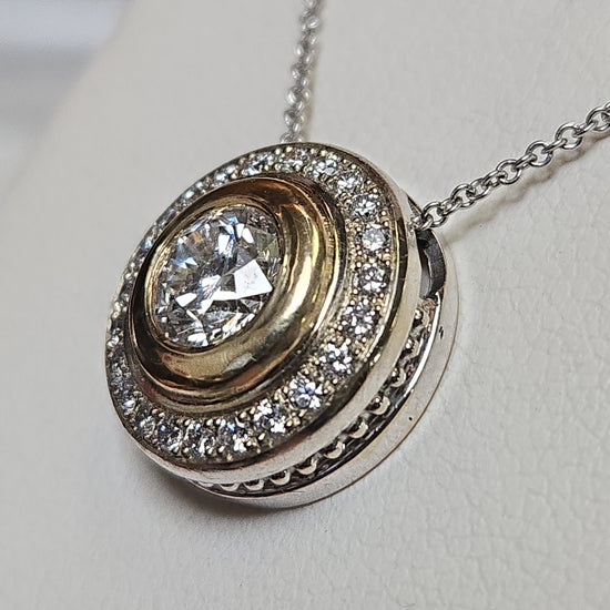 14K multi-tone gold pendant with 1.22ct round lab-created diamonds, featuring intricate design and weighing 3.2 grams.