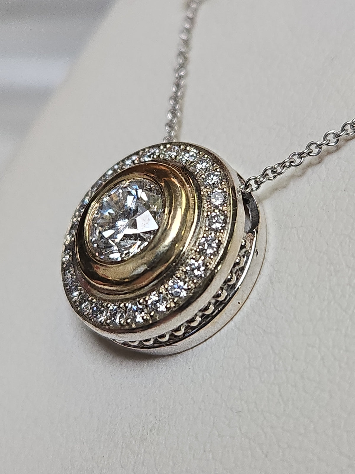 14K multi-tone gold pendant with 1.22ct round lab-created diamonds, featuring intricate design and weighing 3.2 grams.