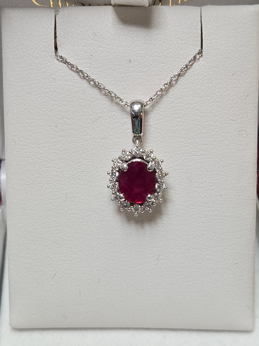 14K White Gold Pendant 1.5ct Oval Ruby 2.7g