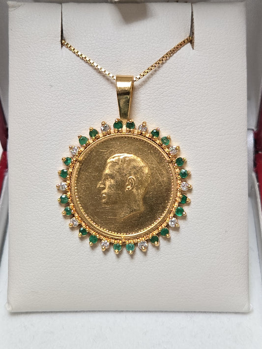14K Gold Mohammad Reza Shah Pahlavi Coin Pendant 0.5ct Round Emeralds 12.3g