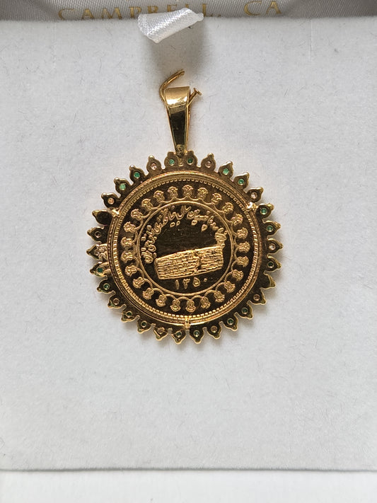 14K Gold Mohammad Reza Shah Pahlavi Coin Pendant 0.5ct Round Emeralds 12.3g