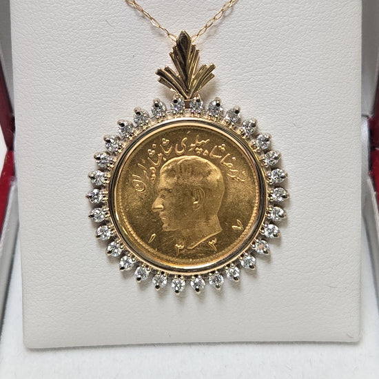 14K gold Mohammad Reza Shah Pahlavi coin pendant with lab-created diamonds, featuring intricate design and a polished finish.