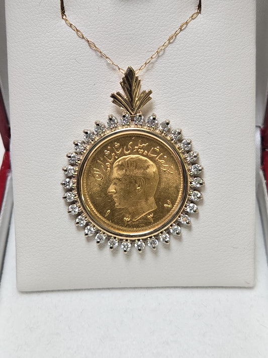 14K Gold Mohammad Reza Shah Pahlavi Coin Pendant Lab-Created Diamonds 13.1g