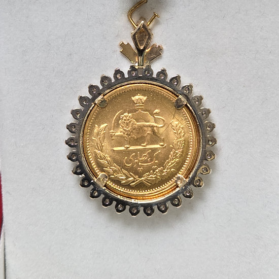 14K gold Mohammad Reza Shah Pahlavi coin pendant with lab-created diamonds, weighing 13.1 grams, by Chique Jewelry.